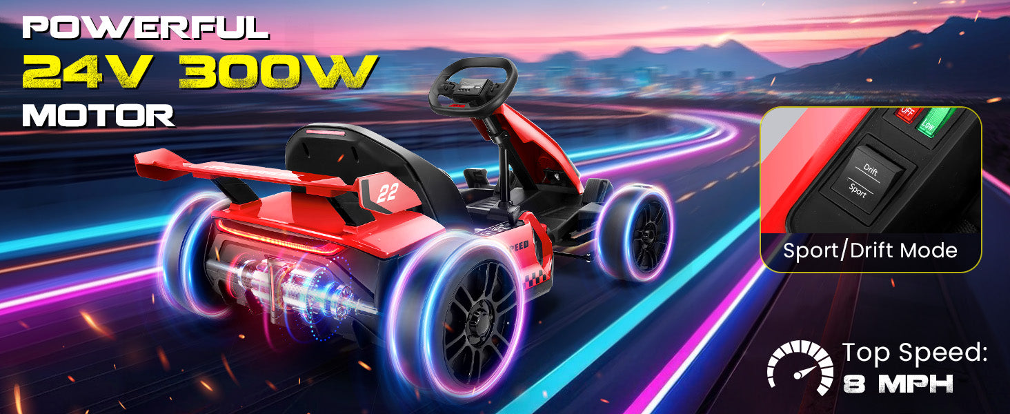 24V Kids Electric Drift Go Kart Car with Adjustable Seat,  300W 2 Speed Motor