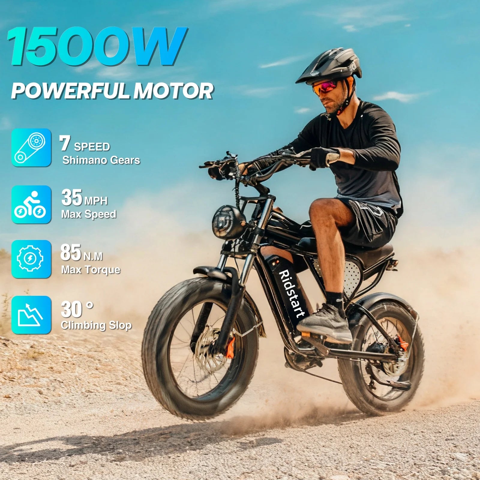 Shimano Ridstar Electric Bike 1500W 33MPH 48V  20" Fat Tire 7-Speed Motorcycle