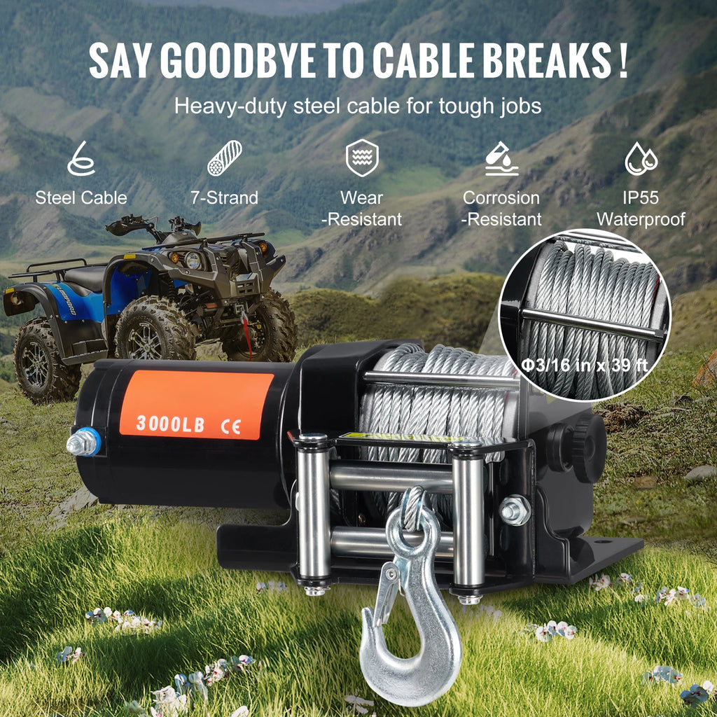 3000lbs ATV/UTV Electric Winch 12V DC Steel Rope Winch