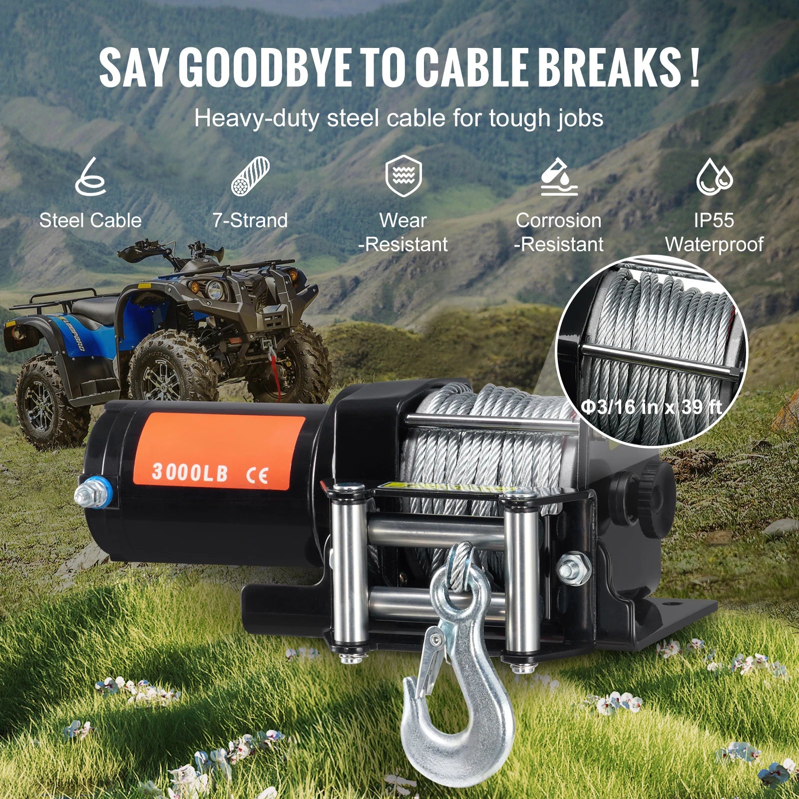3000lbs ATV/UTV Electric Winch 12V DC Steel Rope Winch