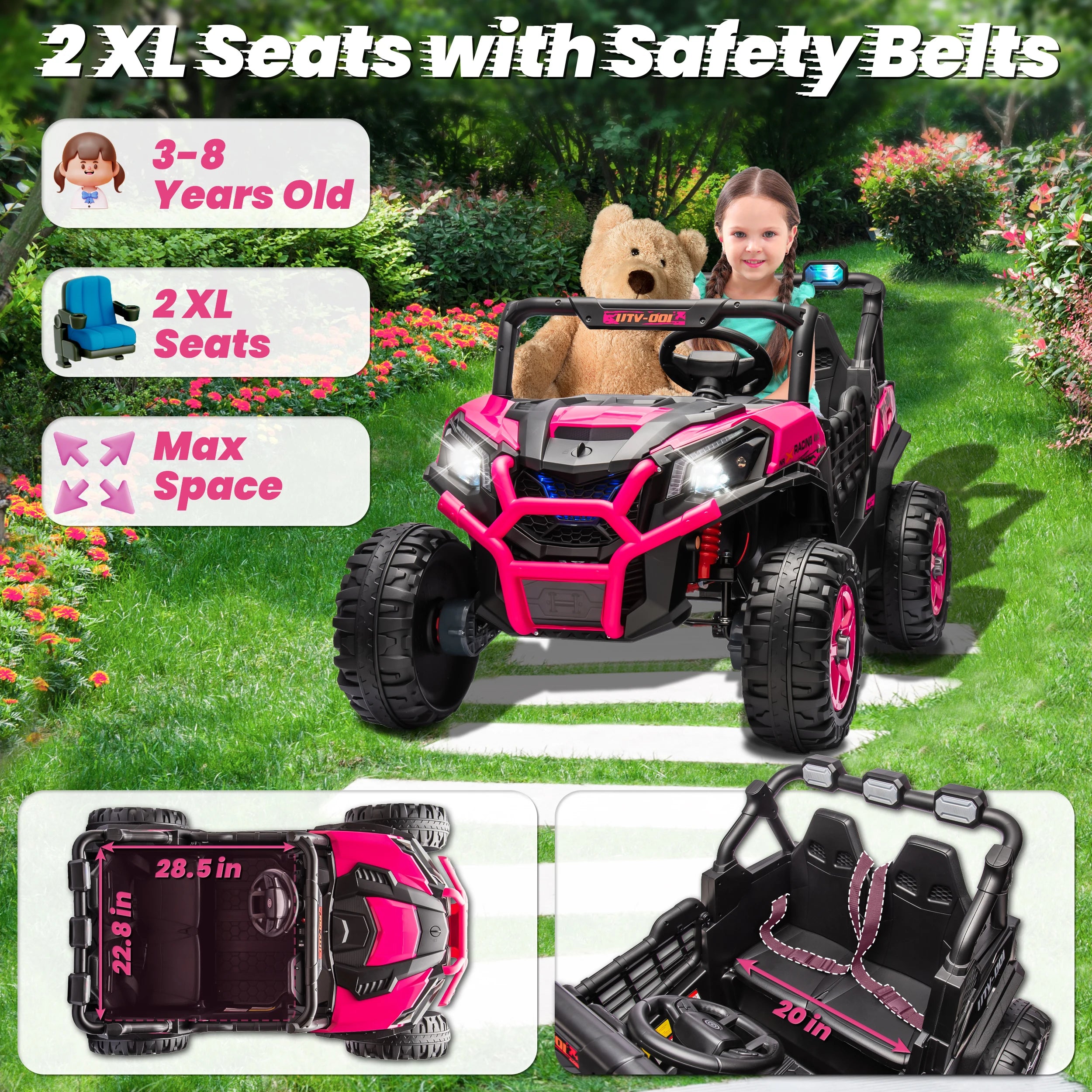 24V XL 2 Seater Ride on Toys Car for Girls, 2WD/4WD Switchable Off-Road UTV w/Long-Endurance Battery Power, 3-Speed Remote Control